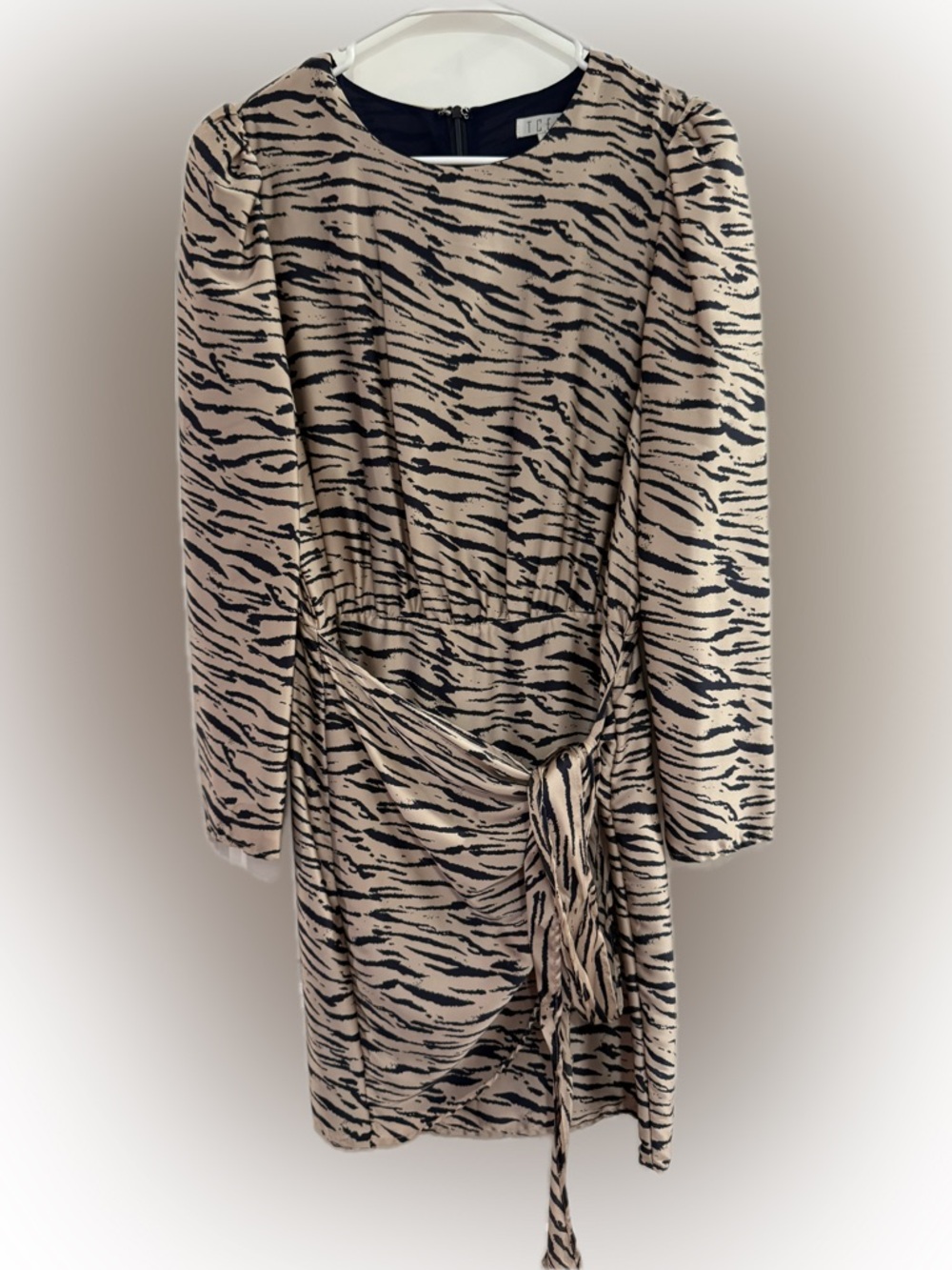 TCEC Beige and Black Zebra-Print Navy Lined Long-Sleeve Tie-Waist Dress